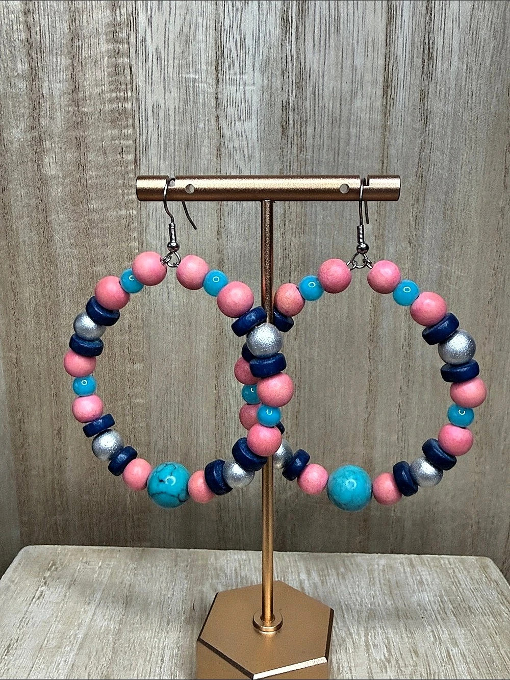 Handmade Turquoise & Blue Glass Bead Hoop Earrings with Wood Accents